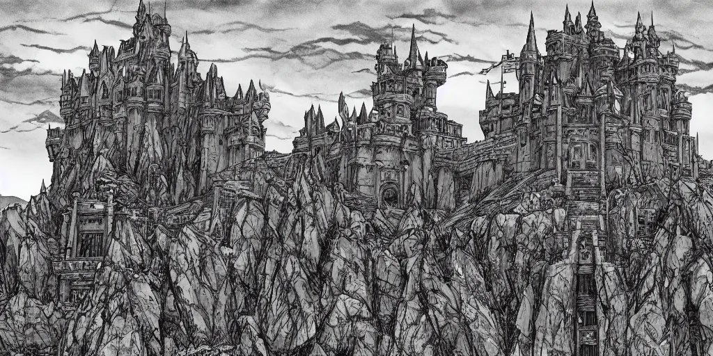 Prompt: illustration of a fantasy Castle in the middle of the desert, monochrome, manga style, by Kentaro Miura, sharp, dramatic lighting