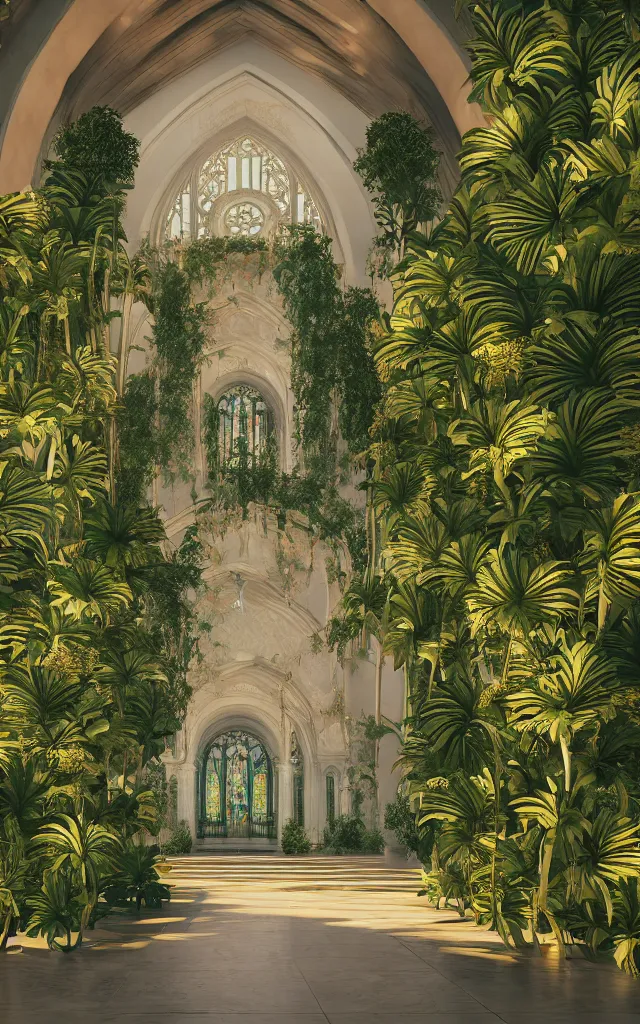 Image similar to grand cathedral interior with koi pond in the middle surrounded by palm trees, ivy, flowers, tropical plants, roses, and with archways, rendered in octane render with photorealistic cinematic volumetric lighting, cinematic, horizontal symmetry, symmetrical