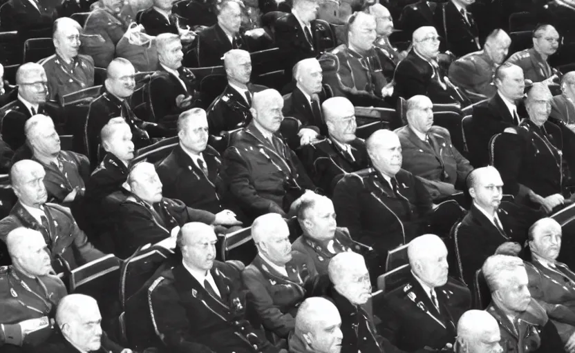 Prompt: 50s movie still of very diverse one general one officers one marshal with very detailed faces in a stalinist parlement, by Alexei Guerman, Cinestill 800t 35mm black and white, heavy grainy picture, very detailed, high quality, 4k, HD criterion, precise texture, diverse faces, diverse haircuts, diverse ages, each faces precisely define