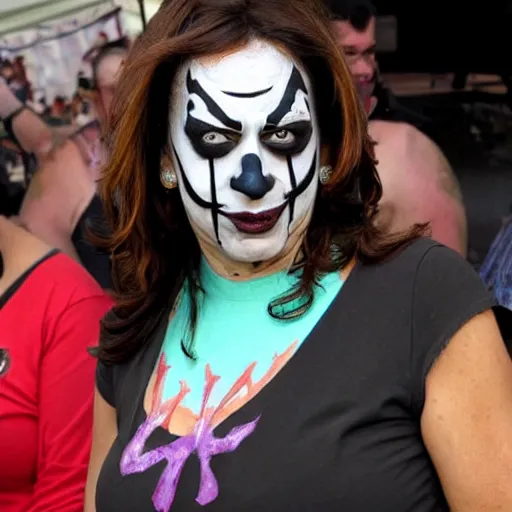Image similar to kamala harris wearing juggalo facepaint, photo taken at gathering of the juggalos