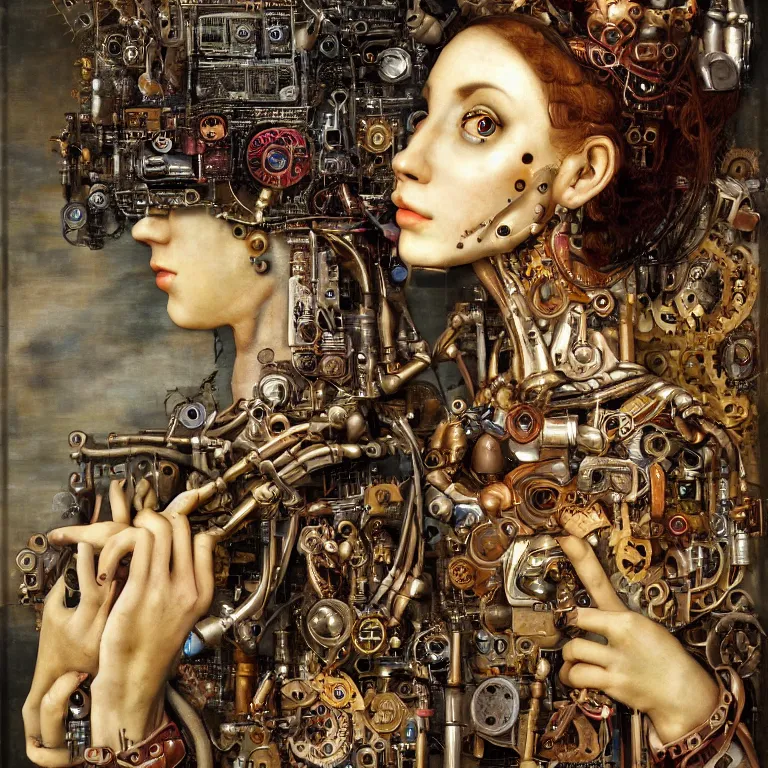 Prompt: profile portrait of a woman, computer parts, mechanical parts, by giuseppe arcimboldo, steampunk, cyberpunk, futuristic, psychedelic, surreal, sci - fi, vaporwave, alien, dreamlike.