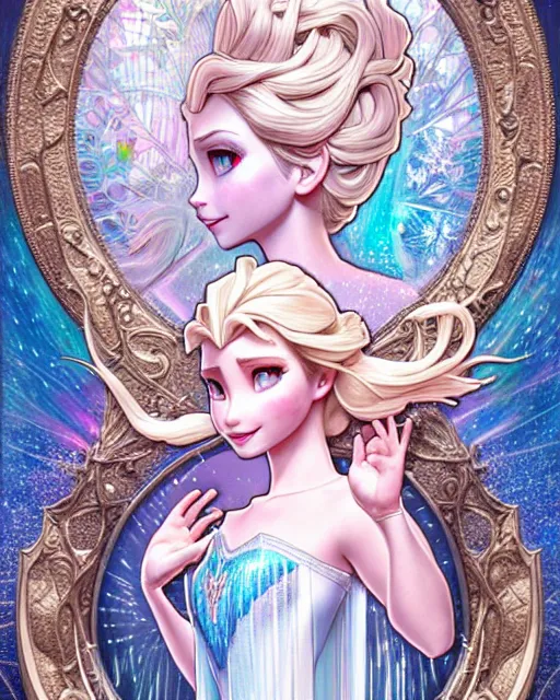 Image similar to ' princess elsa gone mental ', beautiful shadowing, 3 d shadowing, reflective surfaces, illustrated completely, 8 k beautifully detailed pencil illustration, extremely hyper - detailed pencil illustration, intricate, epic composition, masterpiece, bold complimentary colors. stunning masterfully illustrated by artgerm, range murata, alphonse mucha, katsuhiro otomo.