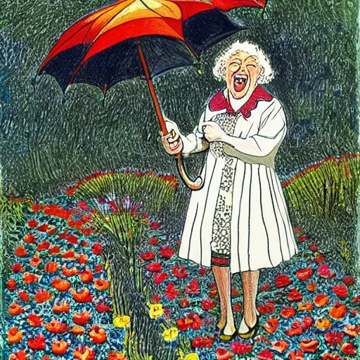 Image similar to an old lady is very excited about an umbrella in her back yard, in the style of Louis wain