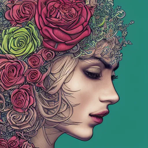 Image similar to the anatomy of a head of lettuce with roses that resemble a beautiful woman, an ultrafine detailed illustration by james jean, intricate linework, bright colors, final fantasy, behance contest winner, vanitas, angular, altermodern, unreal engine 5 highly rendered, global illumination, radiant light, detailed and intricate environment