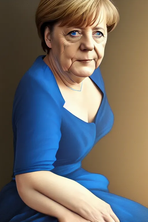 Image similar to angela merkel in a thin blue dress, realistic portrait, symmetrical, highly detailed, digital painting, artstation, concept art, smooth, sharp focus, illustration, cinematic lighting, art by artgerm and greg rutkowski and alphonse mucha