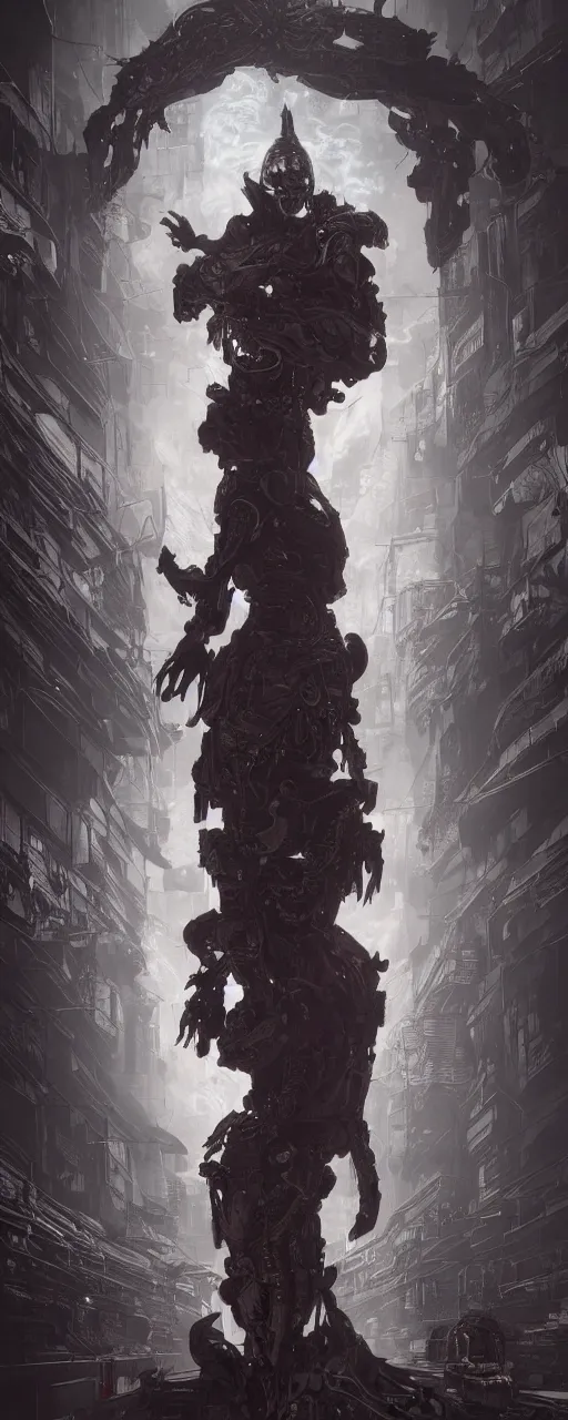 Image similar to dystopian, a dreamland of chinese ukiyo - e, gothic diablo art, rococo art, 4 k post processing. asymmetrical, portrait of an alien with large tubes in face in the style of, ghost in the shell, machine face, intricate, elegant, dramatic lighting concept art by craig mullins and ruan jia and raphael lacoste, trending on artstation