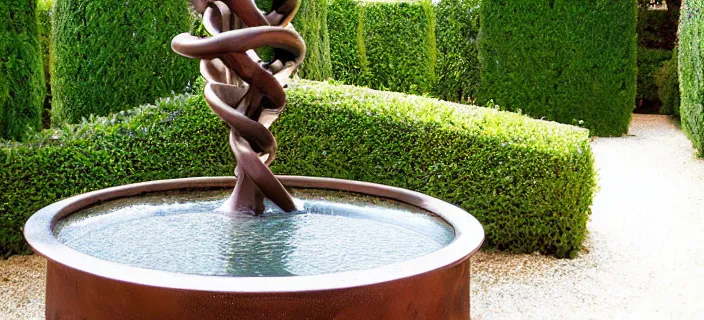 Prompt: bronze fountain, dna helix, in a garden in provence
