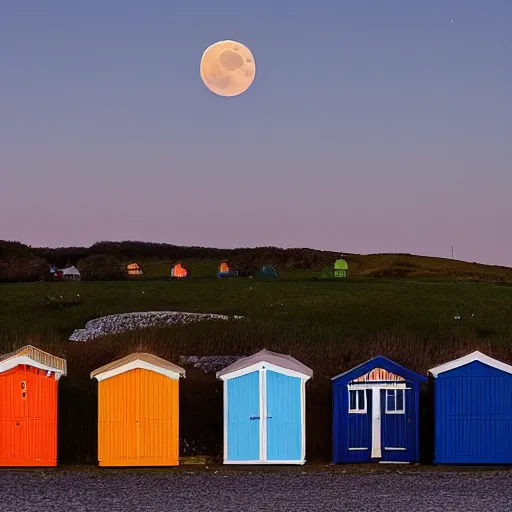 Image similar to there was a lovely orange super moon over the beach huts and the isle of wight, photo take by a professional landscape photographer