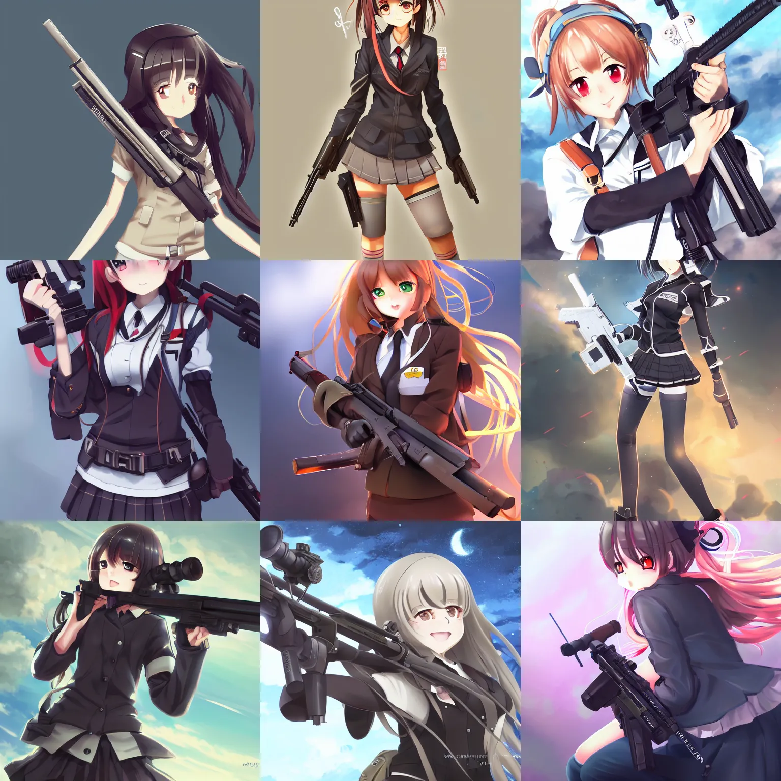 Prompt: anime, full body, cute, female, a cute girl wearing a school uniform and holding a sniper rifle, gorgeous lighting, highly detailed, digital painting, art station, sharp focus, high quality, frontal view, illustration, concept art, advanced digital anime art