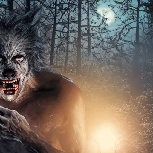 Prompt: man ripping off his skin turning into a werewolf, forest scenery, full moon, illuminated lighting, highly detailed, 4 k