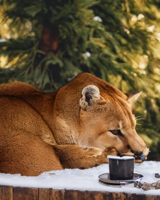 Image similar to hard cover book showing 'a cougar sleeping in the middle of snowy pine tree' laying on coffee table, zoomed out, HD, iphone screenshot