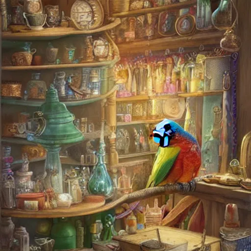 Image similar to Anthropomorphized parrot trader in his shop, wares, portrait, items, magic potions, carpet, window, fancy hat, sly expression , cunning expression, cute expression, presenting wares, D&D, fantasy, cinematic lighting, highly detailed, digital painting, artstation, concept art, smooth, sharp focus, illustration, warm light, cozy warm tint, magic the gathering artwork, volumetric lighting, 8k, art by Akihiko Yoshida, Greg Rutkowski