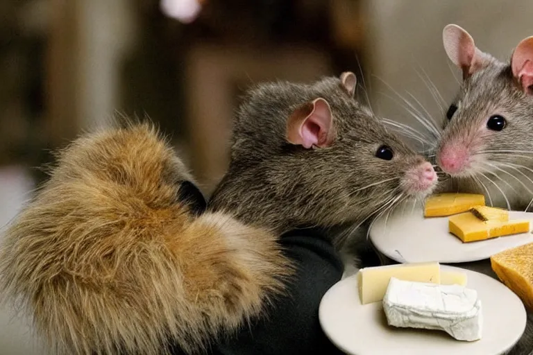 Prompt: photo, emma watson as anthropomorphic furry - rat, she is a real huge fat rat, cats! are around, eating cheese, highly detailed, intricate details