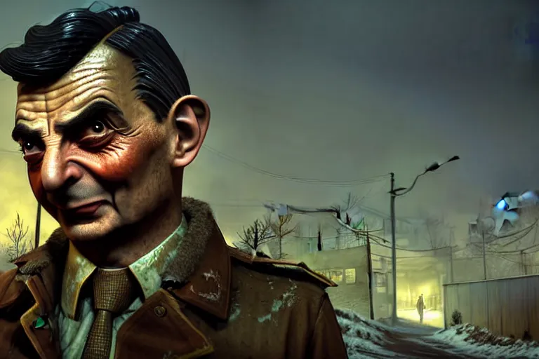 Prompt: fallout 5, detective mr bean as protagonist, face closeup, atmospheric lighting, painted, intricate, volumetric lighting, beautiful, daytime, winter, clear weather, mutated wildlife, sharp focus, deep colours, ultra detailed, art by william turner