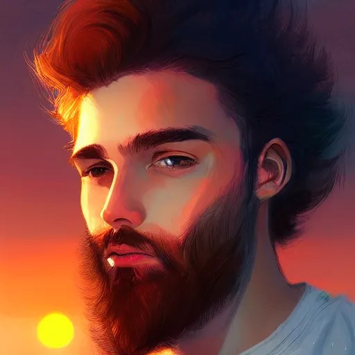 Image similar to young man with a light beard, beautiful sunset, high definition, concept art, digital painting, art by Bowater and Charlie