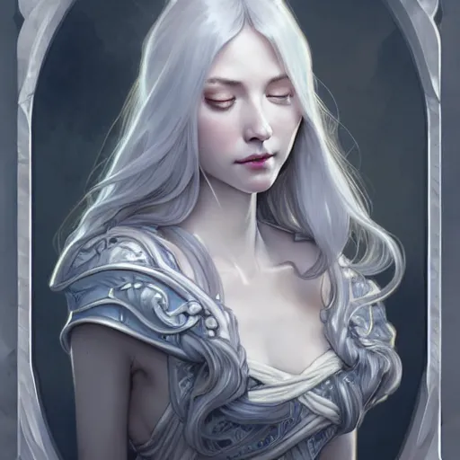 Prompt: aristocrat, white grey blue color palette, eyes closed, female, d & d, fantasy, intricate, elegant, highly detailed, long silver hair, digital painting, artstation, octane render, concept art, matte, sharp focus, illustration, hearthstone, art by artgerm, alphonse mucha johannes voss