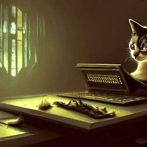 Prompt: a cat character programming on a laptop, dark room, carnip on a table, highly detailed, digital painting, artstation, concept art, wallpaper, smooth, sharp focus, illustration, art by giger and artgerm and greg rutkowski and alphonse mucha