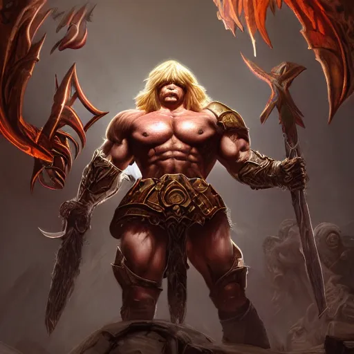 Prompt: he man in diablo 3, au naturel, hyper detailed, digital art, trending in artstation, cinematic lighting, studio quality, smooth render, unreal engine 5 rendered, octane rendered, art style by klimt and nixeu and ian sprigger and wlop and krenz cushart