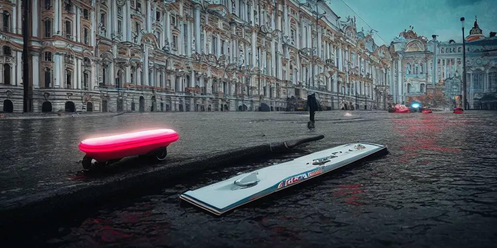 Image similar to cinematic street shot of a floating hoverboarding city saint petersburg city, telephoto, anamorphic cinematography, beautiful composition, color theory, leading lines, photorealistic, moody volumetric lighting