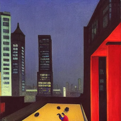 Image similar to a small rooftop with a couple of people sitting and watching the view, modern shanghai bund is on the background, night, by edward hopper, by gregory crewdson