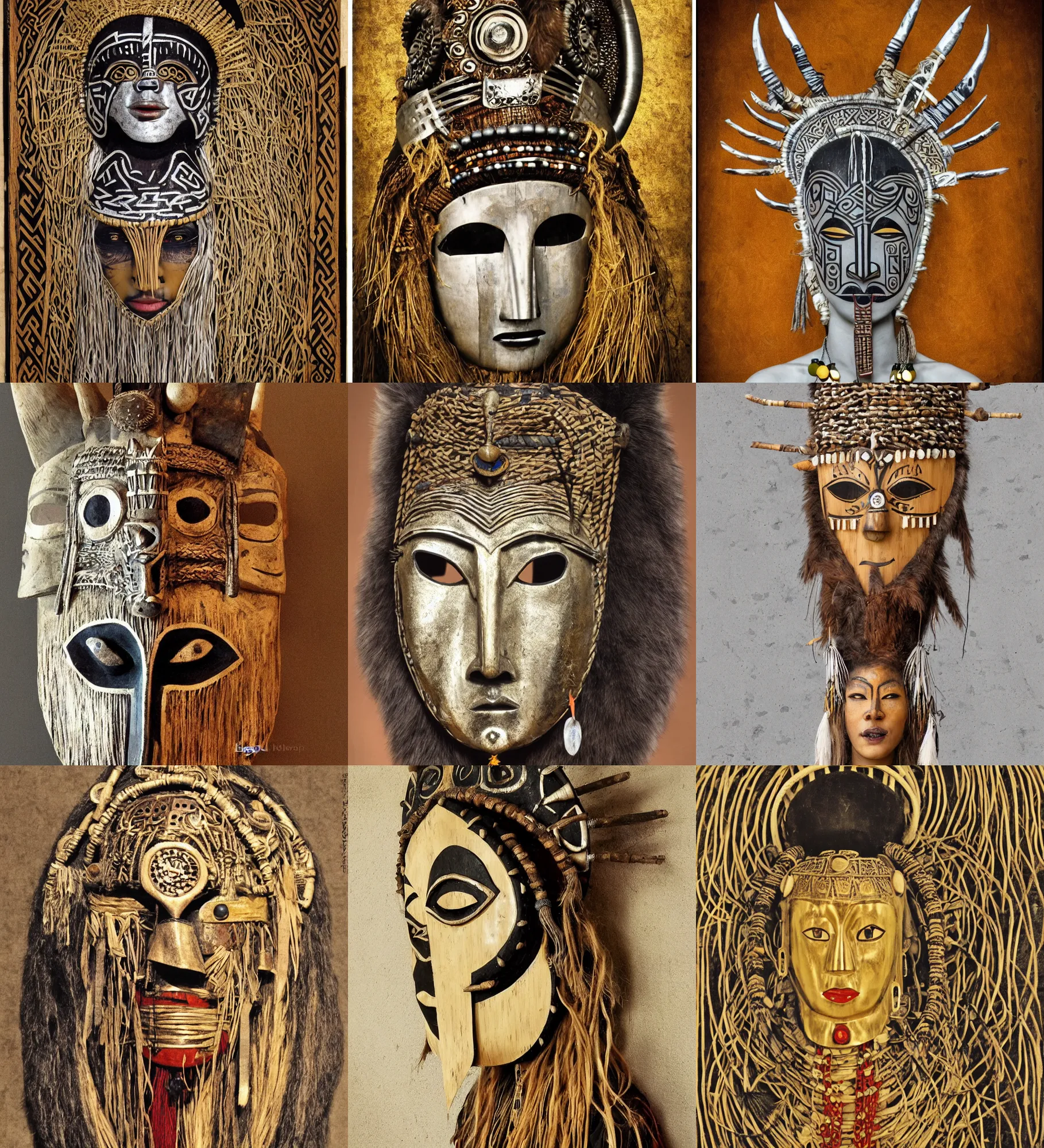 Prompt: viking shaman, simple african mask, asian female, boho style, hi tech, nano technology, industry, movie poster from 1960s, propaganda poster, wood clay marble ivory crow head eyes bamboo, golden and silver jewerly, low poly, brutal modern sculpure, gustav klimt