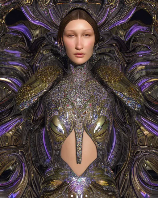 Image similar to a highly detailed metahuman 8 k close up render of bella hadid as surrealism renaissance in iris van herpen dress schiaparelli in diamonds crystals swarovski and jewelry iridescent in style of alphonse mucha gustav klimt trending on artstation made in unreal engine 4