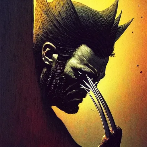 Image similar to wolverine by beksinski and tristan eaton, dark neon trimmed beautiful dystopian digital art