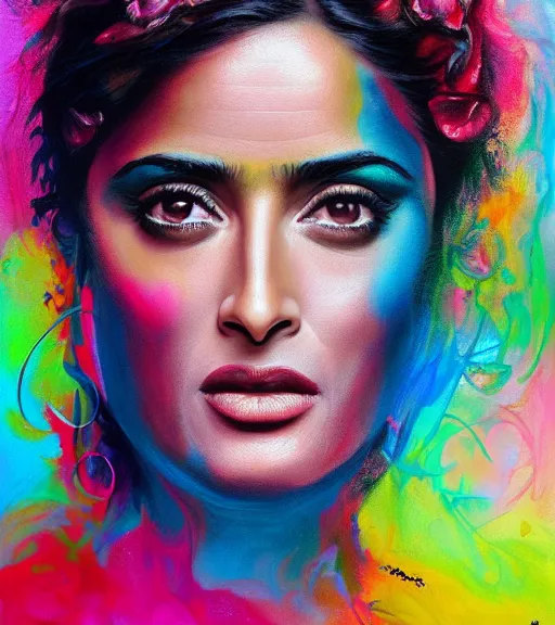 Image similar to beautiful painting of salma hayek, contemporary, colorful acrylic, airbrush painting, realistic portrait by kehinde wiley and archan nair, colored pencil sketch, hyperrealism, pastel chalk, oilpastels