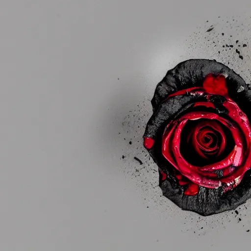 Prompt: a higly detailed close - up photograph of a black rose with blood dripping from it's petals, sigma 7 5 mm, high dof, studio lighting, dramatic light, masterpiece, artstation, 4 k, 8 k, zbrush