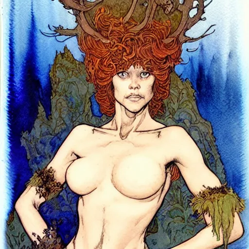 Image similar to a realistic and atmospheric watercolour fantasy character concept art upper body image of a young jane fonda in her 2 0 s posing as a druidic warrior wizard looking at the camera with an intelligent gaze by rebecca guay, michael kaluta, charles vess and jean moebius giraud