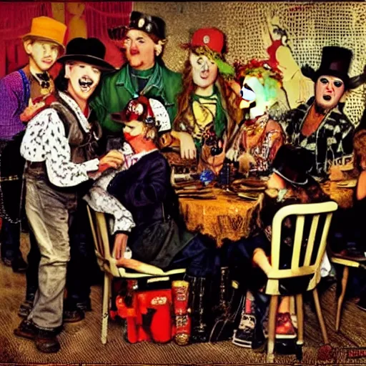 Prompt: steampunk kid rock at thanksgiving dinner with a group of juggalos, in the style of norman rockwell,