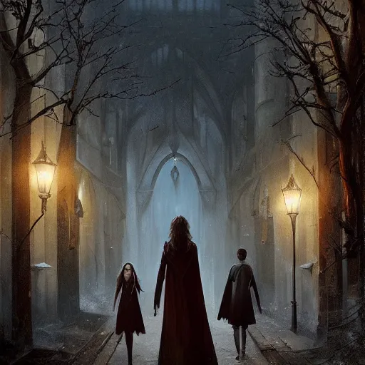 Image similar to harry potter and hermione hand in hand walking in hogwarts yard, elves around, lovely, lightly dark theme, harry potter theme, by greg rutkowski, trending on artstation