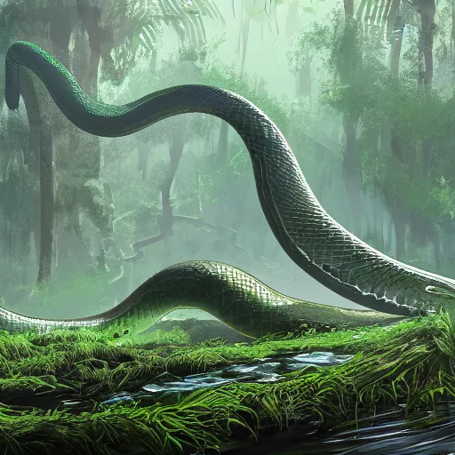 Prompt: a giant anaconda in a dense swamp landscape by ArtStationHQ