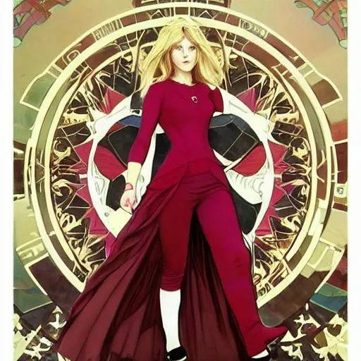 Image similar to Erin Moriarty as Wanda Maximoff, character design, detailed, artstation, concept art, smooth, sharp focus, aesthetic, illustration, trending on ArtStation by artgerm and greg rutkowski and alphonse mucha and J. C. Leyendecker and Edmund Blair Leighton and Katsuhiro Otomo and Geof Darrow and Phil hale and Ashley wood and Ilya repin and Charlie Bowater