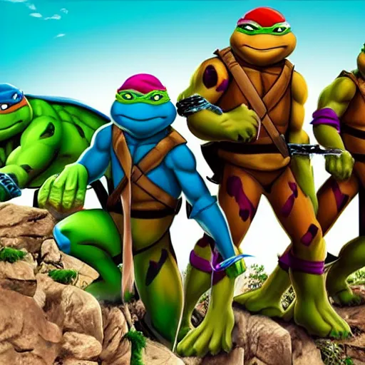 Image similar to teenage mutant ninja turtles on top of a mountain