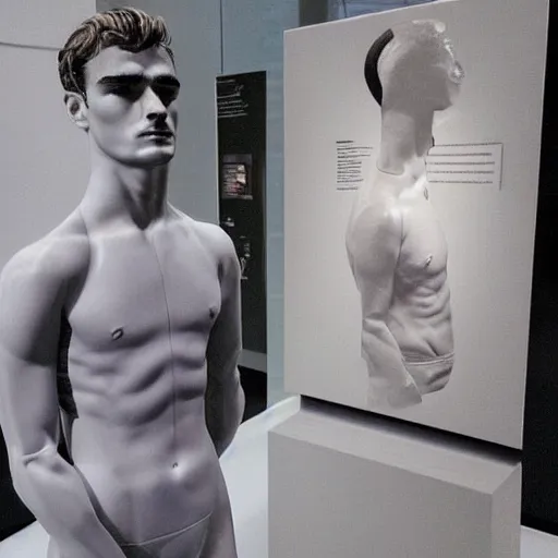 Image similar to “ a realistic detailed photo of a guy who is an attractive humanoid who is half robot and half humanoid, who is a male android, soccer player antoine griezmann, shiny skin, posing like a statue, blank stare, at the museum, on display ”