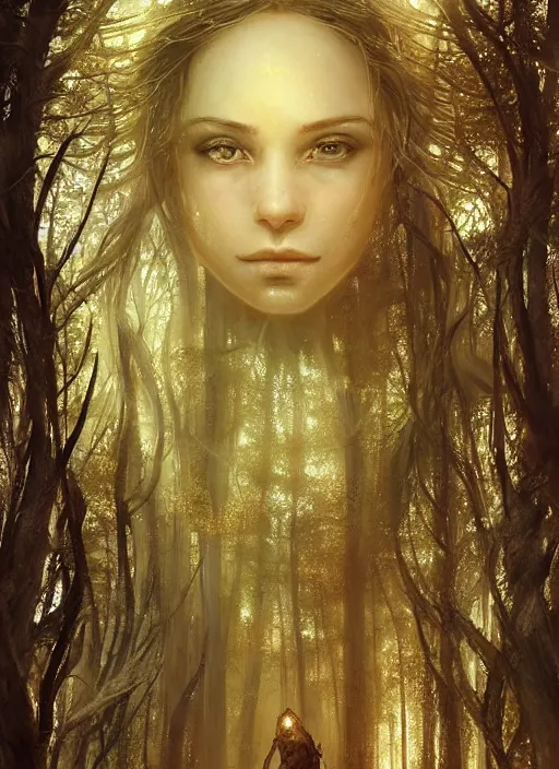 Prompt: golden forest at background, creative!!! composition for a book cover, absurdly beautiful, ultrafine hyperrealistic detailed old witch face by wlop and artgerm and greg rutkowski, intricate linework, sharp focus, smooth, octopath traveler, final fantasy, unreal engine, dramatic lighting, ethereal, 8 k