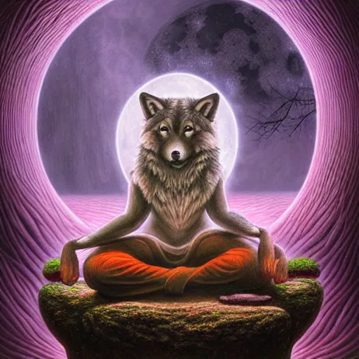 Image similar to an athromorphic wolf character meditating in a zen garden with a waterfall under the blood moon, by Adi granov and afarin sajedi and amanda sage and evgeni gordiets and Agostino Arrivabene and adonna khare in a psychedelic portrait style, ultrarealistic matte painting, volumetric lighting, fractal, extremely symmetrical, highly detailed face, orisha, 8k, hd