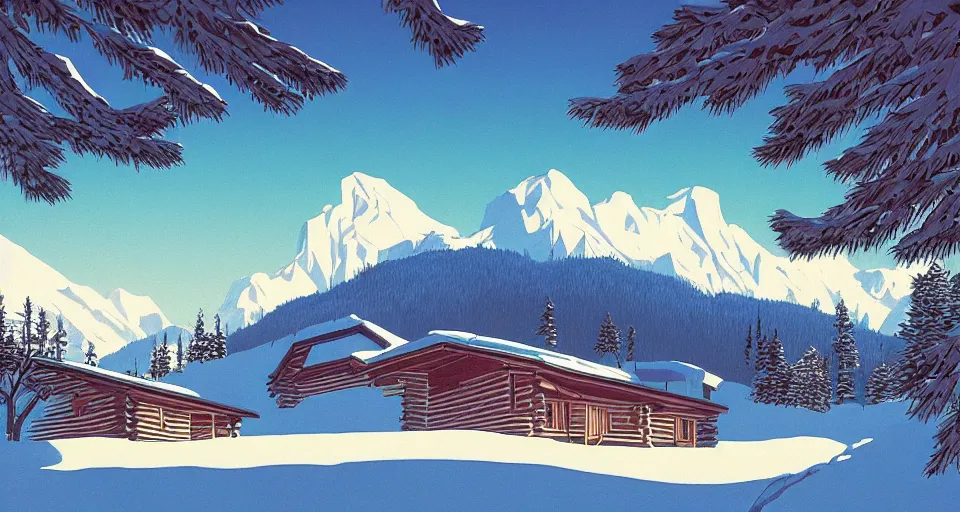 Prompt: log cabin beneath the alps, lofi art style, hiroshi nagai