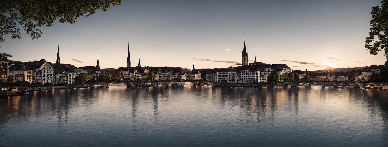 Prompt: Digital painting of Zurich, Limmat and the lake, wide angle, volumetric light, hyperdetailed, Alsp in the background, artstation, cgsociety, 8k