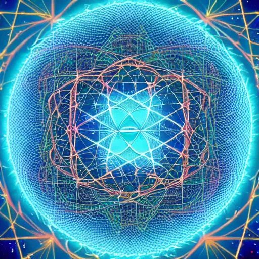 Prompt: sacred geometry unlocking the secrets of the universe and revealing The connection between all things in tangled web of quantum energy, 4k, highly detailed