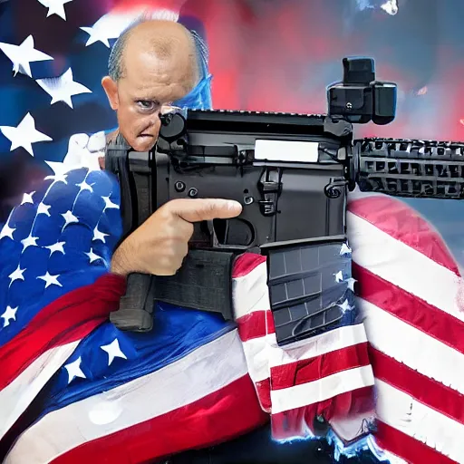 Image similar to kitting holding ar-15 sitting on throne of guns, american flag behind, burning