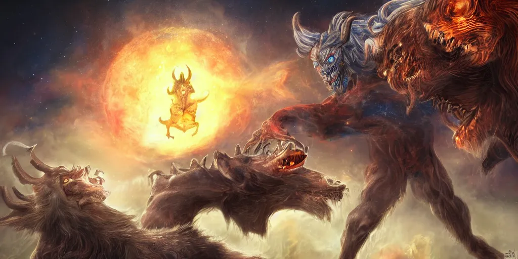 Prompt: cosmic guardian fighting a demonic beast, fantasy apocalypse, digital art, 4 k