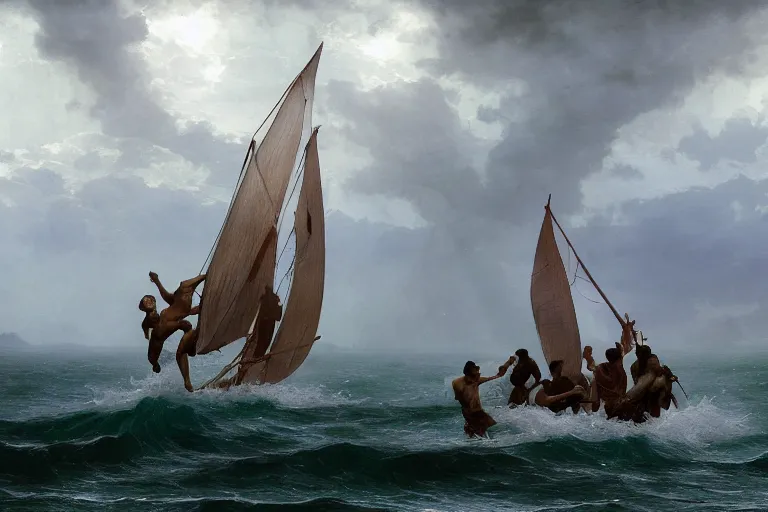 Image similar to ancient historically accurate depiction of Bible Character walking on water during a storm, a small fishing sailboat with scared sailors on board, dramatic lighting by frank miller, illustration by Ruan Jia and Mandy Jurgens and William-Adolphe Bouguereau, Artgerm, 4k, digital art, surreal, space dandy style, highly detailed, godsend, artstation, digital painting, concept art, smooth, sharp focus, illustration by Ruan Jia and Mandy Jurgens and William-Adolphe Bouguereau, Artgerm