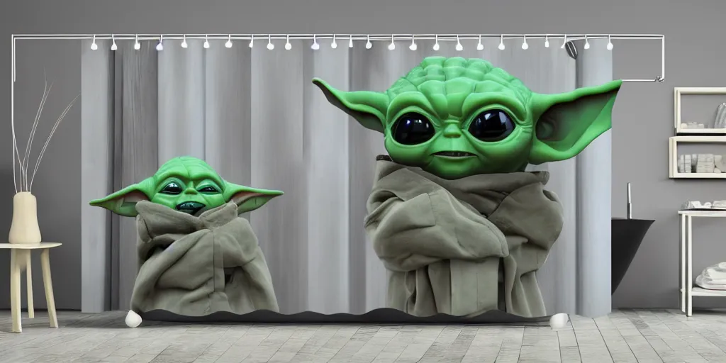 Image similar to a ( ( ( ( ( mando mandalorian ) ) ) ) ) baby yoda themed shower curtain, shower curtain. product photography. product lighting. digital art. 4 k, highly detailed. saturated. 3 d render.