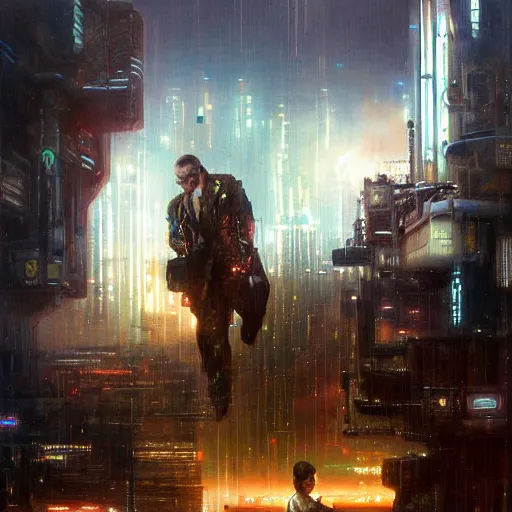 Image similar to a man stealing another man's dreams, cyberpunk, painted by howard david johnson and james gurney