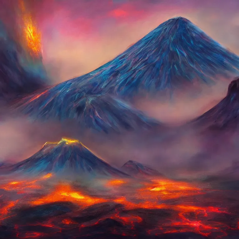 Prompt: a painting of a volcano from which come out flowers and stars exotic plants, all this happens in some kind of fantasy world, almost like in the sky or all in the amazing outdoors view, long exposure, 8 k resolution, trending on artstation