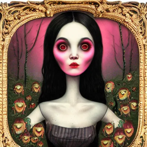 Image similar to the blacksmits’ daughter, working in the forge, lowbrow in the style of Mark Ryden,