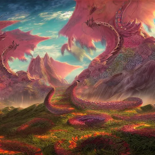 Image similar to concept art painting of a psychedelic dragon landscape made of thousands of dragons, realistic, detailed, cel shaded, in the style of makoto shinkai and greg rutkowski and james gurney