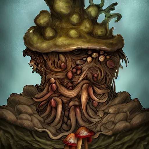 Image similar to digital art of a fantasy monster portrait with mushrooms coming out of the skin, and rotting away, dynamic lighting